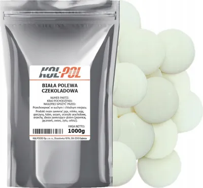 Zdjęcie produktu dla POLEWA CZEKOLADOWA BIAŁA 1kg Do rozpuszczania Krążki do deserów Kol-Pol