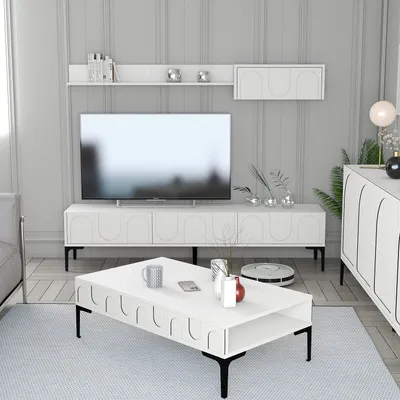 Produktbild von Skye Decor, Lyon 3 - White, Black, Wohnzimmermöbel-Set, Weiß, 100 % MELAMINBESCHICHTETE SPANPLATTEN, 180 x 35 x 42 cm