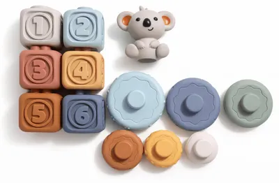 Zdjęcie produktu dla Primabobo klocki sensoryczne gumowe 13 szt., wieża Montessori z koalą