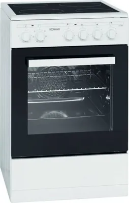 A white electric stove with a black oven door and a glass window.
