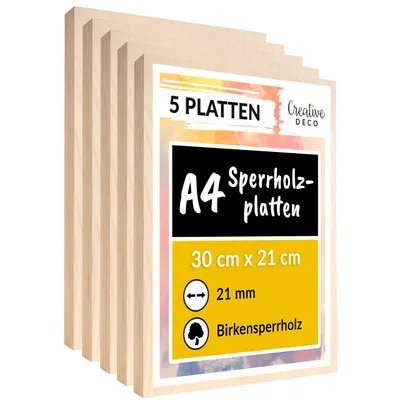 Obrázok produktu pre Creative Deco 5 x A4 Preglejkový panel 21mm | 300 x 210 (+/- 0,5) mm | Brezová preglejka Tenké drevené polotovary na frotáž, rezanie laserom, CNC