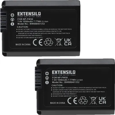 Produktbild von EXTENSILO 2x Akku kompatibel mit Sony Alpha 7R II, 6100, 6300, 6400, 5100, 7, 6000, 7R, 5000, 6500, 7s, 3000, 7 II Kamera (1050 mAh, 7,4 V, Li-Ion)