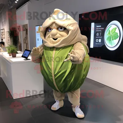Obrázek produktu pro Postava REDBROKOLY maskota v béžové barvě Cabbage Leaf oblečená s mikinou a kabelkami