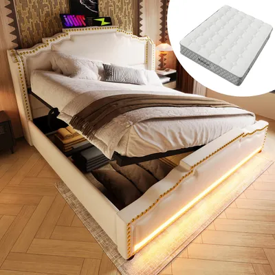 Produktbild von MODFU Doppelbett mit Matratze 140x200 Jugendbett mit Lattenrost und hydraulischem Stauraum,Bettrahmen mit USB-C-Ladeanschluss und LED,Beige