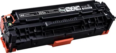 A black and orange HP toner cartridge is shown against a white background.