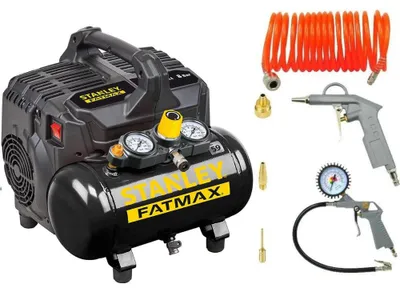 Image de Compresseur d'air Stanley 8 bars 6 L FATMAX avec kit d'outils pneumatiques - Compresseur avec gonfleur de pneus, pistolet de soufflage et tuyau spiralé de 5 m - Sans huile