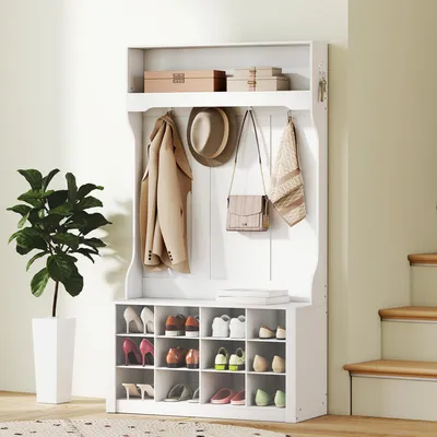 Produktbild von SUGIFT Garderobenständer 4-in-1 mit Bank, Schuhschrank, Haken & Regal, Weiß | 100 x 35 x 172,2 cm | Bank bis 120 kg | MDF & Spanplatte