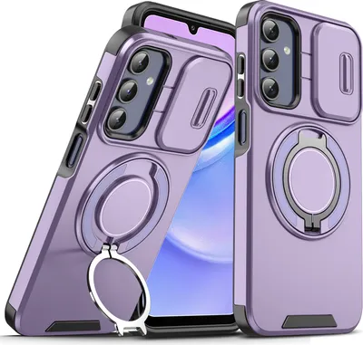 Obrázek produktu pro Dvouvrstvé pouzdro pro Samsung Galaxy A15 5G/4G, s posuvným krytem fotoaparátu a magnetickým kroužkovým stojánkem Fialová