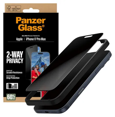 Obrázok produktu pre PanzerGlass ® 2-Way Privacy Screen Protector iPhone 17 Pro Max | Ultra-Wide Fit w. EasyAligner, Apple, Apple - iPhone 17 Pro Max, Suché aplikovanie, Odolné proti poškriabaniu, Odolný proti nárazom, Priehľadná, 1 kusov