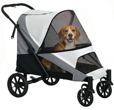 Produktbild von Hundewagen, Faltbarer Hundebuggy für mittelgroße Hunde, Haustierwagen mit 4 Rädern, Sicherheitsleinen, Bremsen, Grau