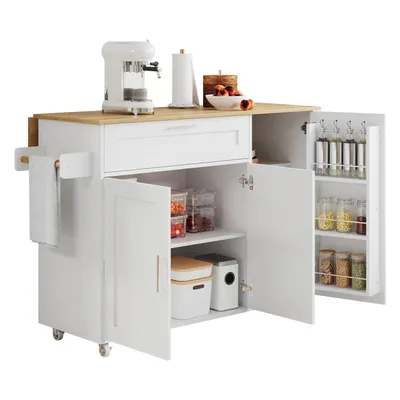 Produktbild von Mobiler Küchentisch,Arbeitsplatte klappbar,Eiche Maserung, multifunktionaler Schrank,Gewürzregal,Handtuchhalter,5 Rollen,geeignet für Küche/Essen/Haus
