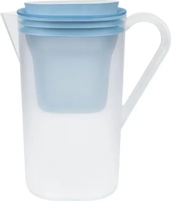 A water filter pitcher with a blue lid and filter basket, set against a white background.