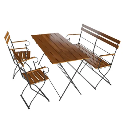 A wooden and metal outdoor dining set, including a table, a bench, and two chairs, is displayed against a white background.