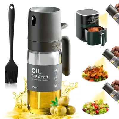 Zdjęcie produktu dla Butelka na olej z rozpylaczem szkło - 250 ml - Z pędzelkiem do oleju