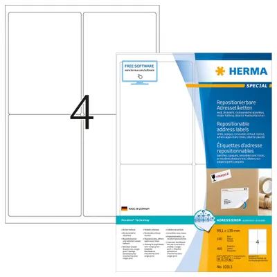 Produktbild von Adressetiketten A4 weiß 99,1x139 mm repositionierbar Papier matt blickdicht 400 St.