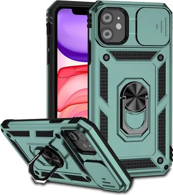 Image de Étui pour iPhone 11 étui double couche avec couvercle coulissant pour appareil photo et support annulaire vert