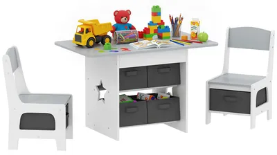 Image de Ensemble table et 2 chaises enfant avec 6 tiroirs amovibles, pour fille gar?on 3-8 ans, gris
