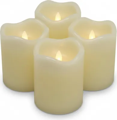 Four cream-colored LED candles with flickering flames are arranged in a cluster on a white background.