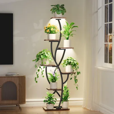 Imagen del producto de Estantería para plantas con luz de crecimiento, 7 niveles, de metal y madera, 147 cm de altura, para uso en interiores y exteriores