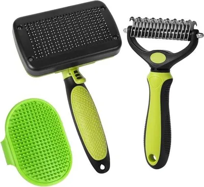 Immagine prodotto di Set di spazzole per cani, acciaio inossidabile, pelo lungo, verde, 3 pezzi
