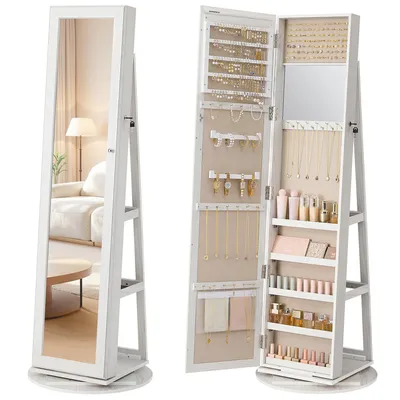 Produktbild von SONGMICS Schmuckaufbewahrung mit Spiegel, drehbar, abschließbar, Schmuckschrank für Schlafzimmer, Geschenkidee, weiß, KI-generiertes Bild