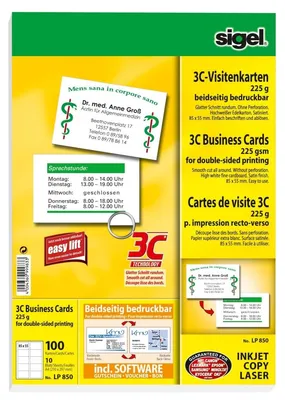 Produktbild von SIGEL LP850 Visitenkarten, 3C, hochweiß, beidseitig bedruckbar, 225 g/m², 85x55 mm, 100 ST=10 BL