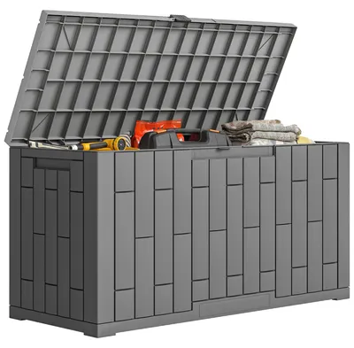 Produktbild von Outsunny Gartenbox 227 Liter Wasserdicht Abschließbar Auflagenbox mit Holzoptik