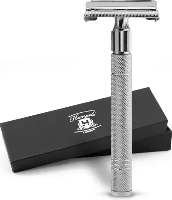 Produktbild von Nassrasierer Butterfly-Rasierhobel für Unisex, rutschfest, metallisch. Pack, Rutschfester Nassrasierer aus Messing Silber mit zwei Ersatzklingen,