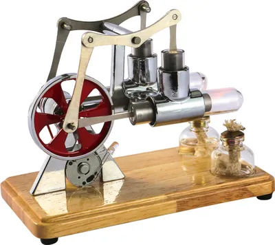 Produktbild von Stirlingmotor-Bausatz Heißluft-Doppelmotor mit LED auf Holzsockel – Generator-Experiment & DIY Lernmodell für Schule und Büro