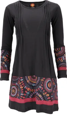 Produktbild von Baumwoll Minikleid Boho Chic, Langarm Tunika - Schwarz/bordeauxrot, Damen, Baumwolle, Größe: M