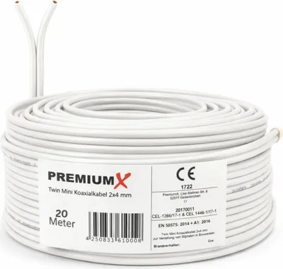 Produktbild von PremiumX 20m Sat Koaxial Kabel 90dB Twin Mini 2 x 4mm Weiß Antennenkabel 2-fach geschirmt