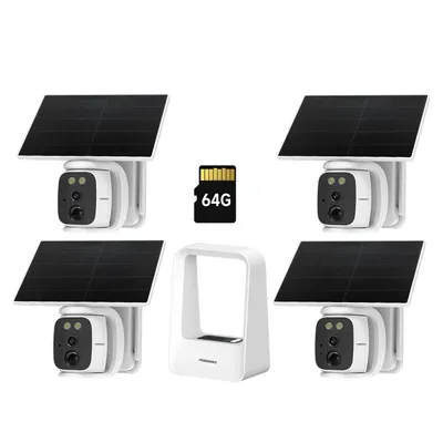 Productafbeelding van 4-delige set FOSSENXE 4MP WiFi zonnepanelen bewakingscamera's met basisstation – 64GB lokale opslag, 180° PTZ met automatische tracking, kleuren nachtzicht, 5G/2.4G Wi-Fi