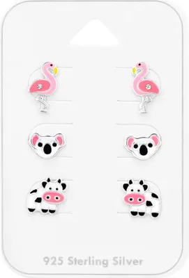 Produktbild von Kinder Ohrringe Ohrstecker Set 925 Sterling Silber mit Flamingo, Koala & Kuh
