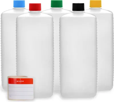 Produktbild von 5 Plastikflaschen 1.000 ml eckig aus HDPE mit farbigen Schraubverschlüssen