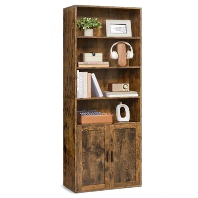 A tall, rustic-style bookshelf with two doors at the bottom, set against a white background.