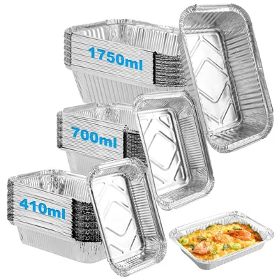Immagine prodotto di Contenitori per barbecue riutilizzabili - Contenitori in alluminio per barbecue - Contenitori di raccolta del grasso - Adatti per barbecue a gas - Confezione da 60 pezzi - Capacità: 410/700/1750 ml - Contenitori in alluminio