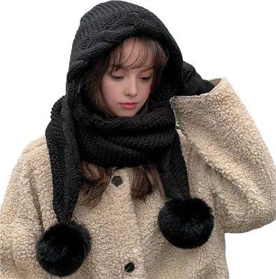Produktbild von 2-in-1 Mütze- und Schal-Set: Winterliches Strick-Kapuzenschal-Set aus weicher, warmer Häkelmütze mit Kunstfellbommel für kaltes Wetter