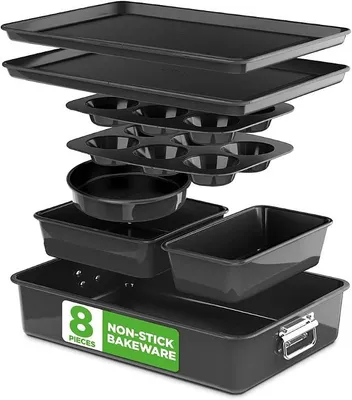 Produktbild von Backformen Set 8-teilig – Auflaufform, Brotbackform, Backblech, Muffin Backform, Schwarz, Kuchenform rund & eckig, stapelbar & antihaft, spülmaschinenfest, ofenfest bis 230°C