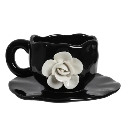 Produktbild von Keramik-Untertasse ,300 ml Rosen-Kaffeetasse mit Untertasse, Keramik im Blumenstil, elegant, mikrowellen- & spülmaschinengeeigne