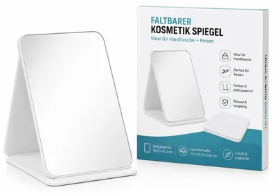 Produktbild von Faltbarer Kosmetikspiegel mit weißem Etui für Handtasche & Reisen, KI-generiertes Bild