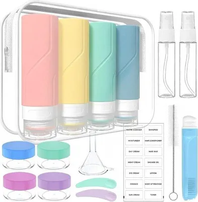 Produktbild von Famanu Reisflaschen Set 4 Silikonflaschen - 17 Teile - Nachfüllbare Toiletreisebehälter - Auslaufsicher - BPA-frei - Kompakt