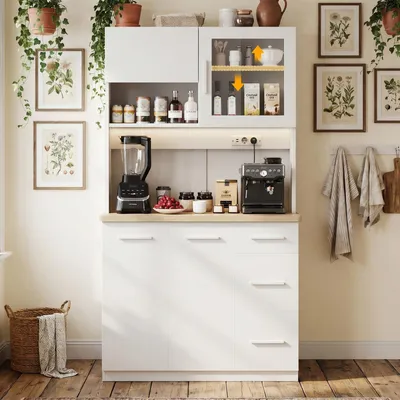 Image de Buffet JUMMICO, 100 x 40 x 182 (H) cm, meuble de cuisine avec 2 prises électriques et