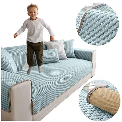 Obrázek produktu pro Chraňovací podložka na pohovku 90 × 210 cm, světle modrá s motivem srdíček – ochrana a dekorativní vzhled