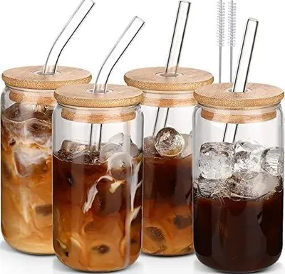 Produktbild von Matcha Gläser Eiskaffee Gläser Set - 4×500ml Glas mit Deckel und Strohhalm