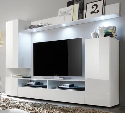 Produktbild von Wohnwand "Win" in weiß Hochglanz, TV Schrank 208 x 180 cm inkl. 5x Beleuchtung