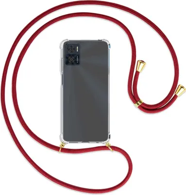 Produktbild von Handykette Backcover-Schutzhülle mit Band (Metall goldfarben) für Motorola Moto E22, Moto E22i 4G - dunkelrot