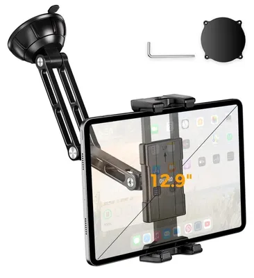 Productafbeelding van Tablet houder voor auto, aluminium, met zuignap voor voorruit en dashboard, geschikt voor apparaten van 5" tot 13"