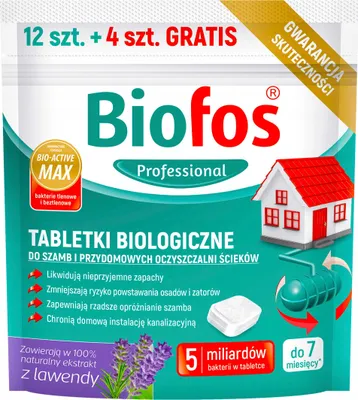 Zdjęcie produktu dla Biofos Professional tabletki biologiczne do szamb i przydomowych oczyszczalni ścieków (12+4 szt gratis) doypack 320g