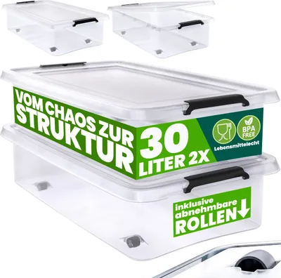 Produktbild von Deuba, 2er Set Aufbewahrungsboxen, Polypropylen, Transparent, 30L & 60L Volumen, Maße (30L): 58x39x16,5cm, Maße (60L): 58x39x35cm, Deckel, Rollen, Klappgriffe, Klickverschluss, stapelbar, BPA-frei, lebensmittelecht, spülmaschinengeeignet, einfriergeeignet bis -25°C, temperaturbeständig -30°C bis 90°C, stoßfest, max. 10kg Belastbarkeit, staub- & nässegeschützt, RB60