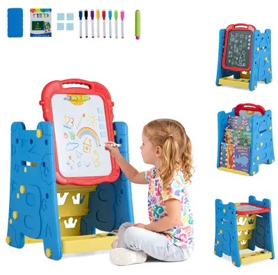 Produktbild von COSTWAY 4 in 1 Kindertafel, Kinderstaffelei mit Bücherregal, Kreidetafel&Whiteboard,Doppelseitige Kindertafel mit verstellbaren Höhe&Winkel,Standtafel